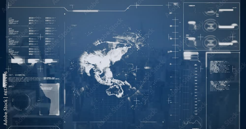 Poster animation of globe, loading bars and computer language over modern cityscape in background