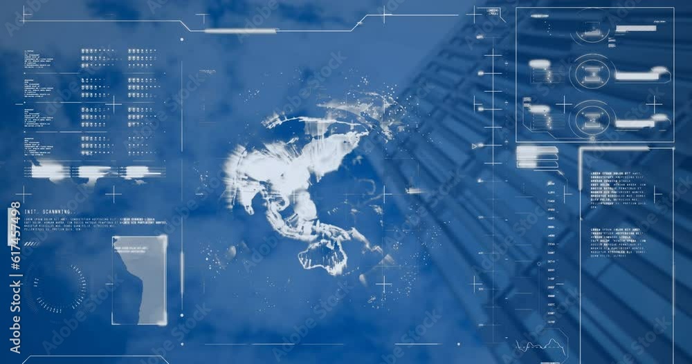 Poster animation of globe, loading bars, computer language, low angle view of building against cloudy sky