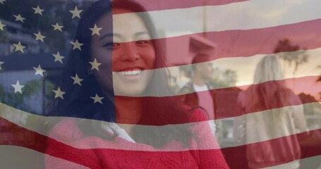 Animation of diverse friends at beach party over flag of usa - Powered by Adobe