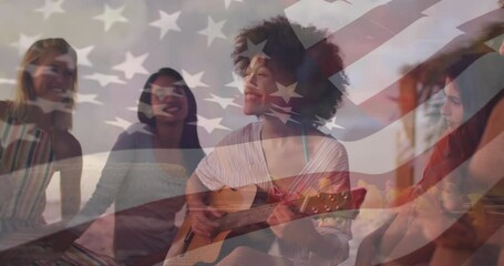 Animation of diverse friends at beach party over flag of usa - Powered by Adobe