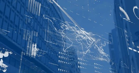 Animation of globe, map and loading bars over low angle view of modern buildings against sky