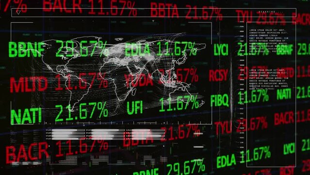 Animation of interface with stock market data processing over world map on black background