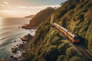 A Scenic Train Ride Through a Mountainous or Coastal Landscape