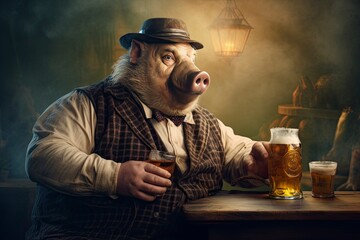 Illustration of an overweight pig with a hat sits in a chair, drinking beer from a glass in a smoky room, dim light creating a contrast between indulgence and melancholy. Generative Ai. 