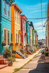 A colorful and vibrant street with row houses. Generative AI