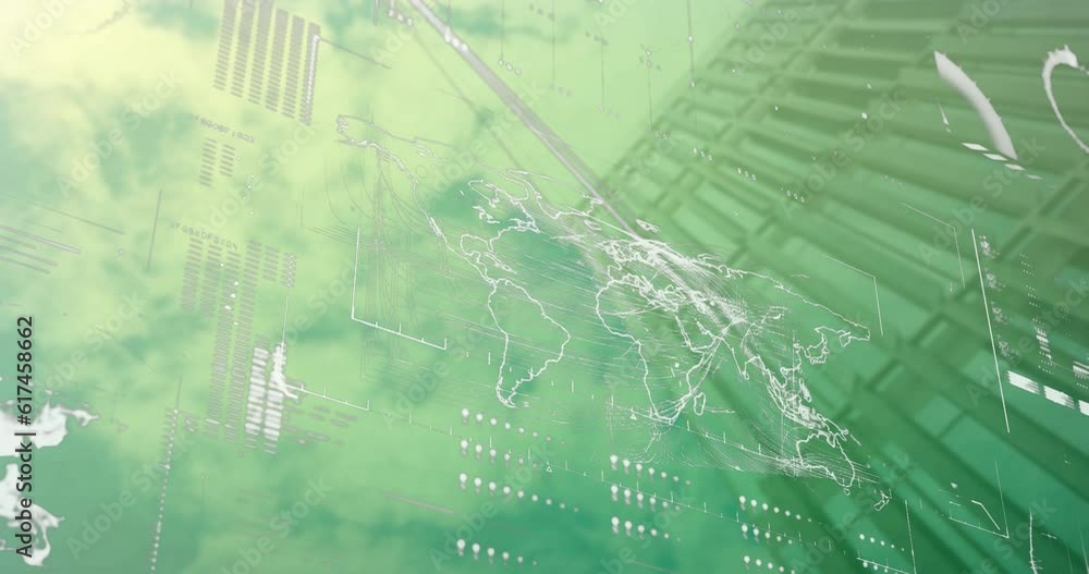 Aufkleber animation of globe, map and loading bars over low angle view of building against cloudy sky