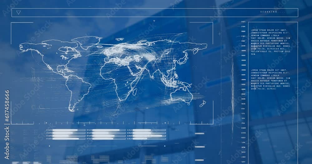Poster animation of loading bars, map and computer language, low angle view of building against cloudy sky
