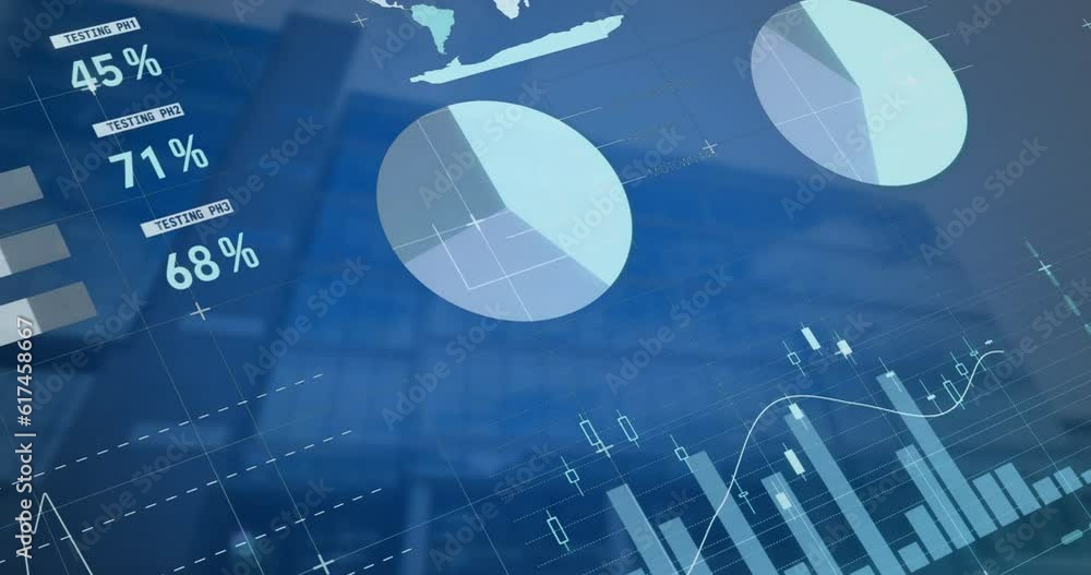 Poster animation of infographic interface over low angle view of modern building against sky