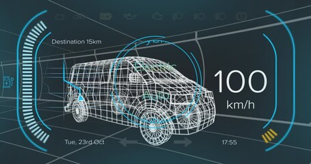 Animation of speedometer with texts, changing numbers over 3d model of van against black background - Powered by Adobe