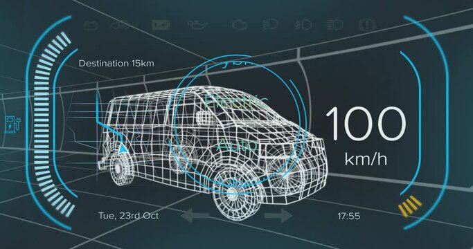 Animation of speedometer with texts, changing numbers over 3d model of van against black background