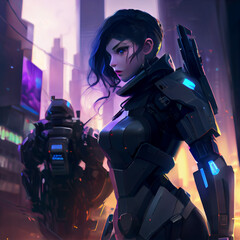 female sci-fi warrior and her robot