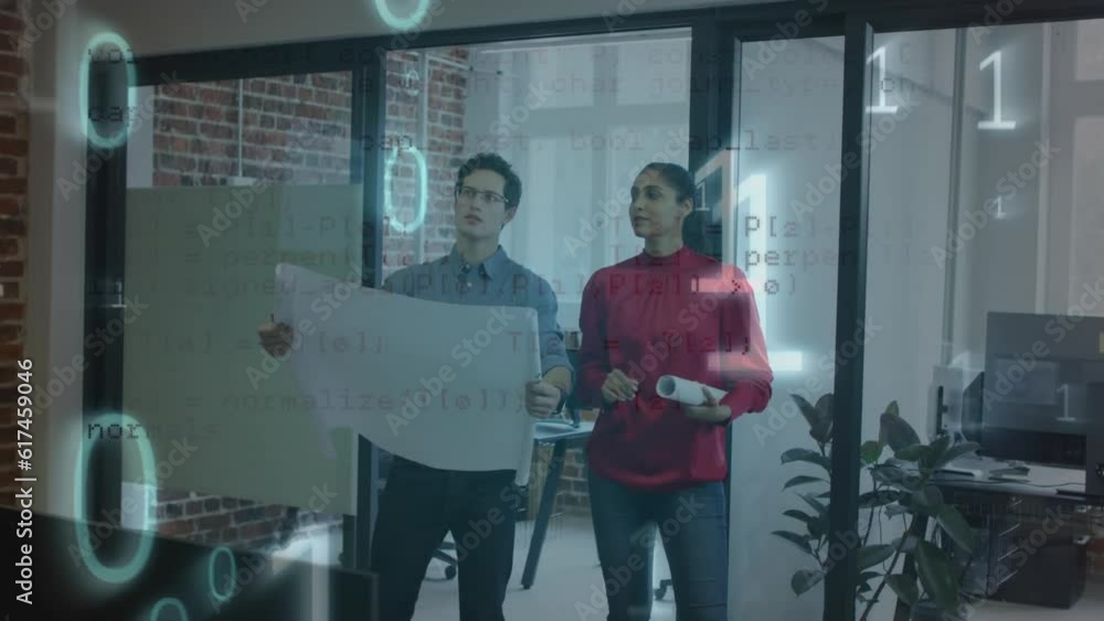 Poster animation of binary codes, computer language, diverse architects discussing and shaking hands
