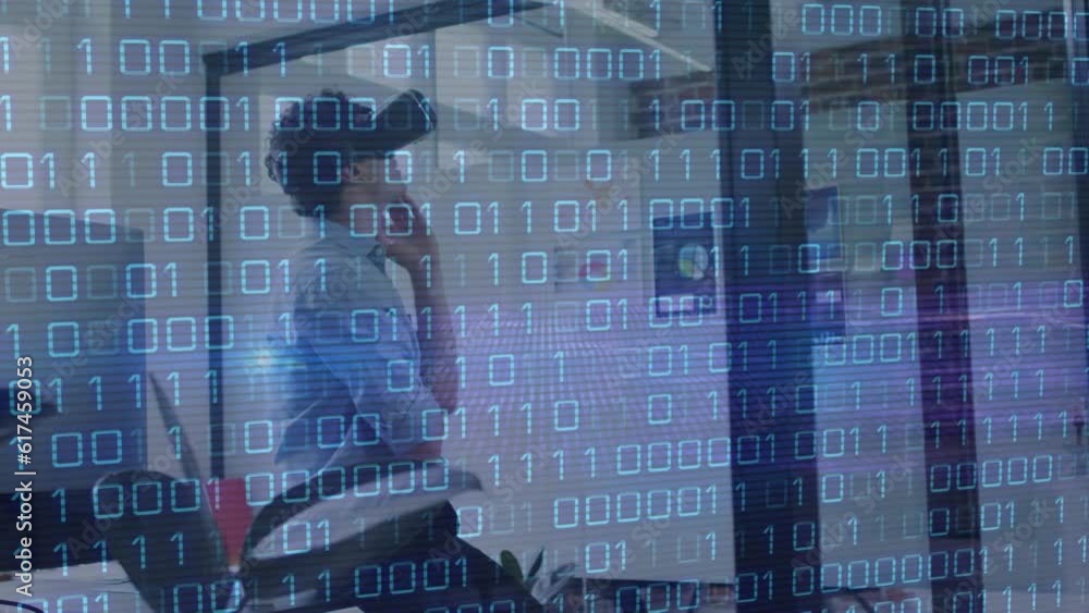 Poster animation of looping binary codes over biracial man using vr headset in office