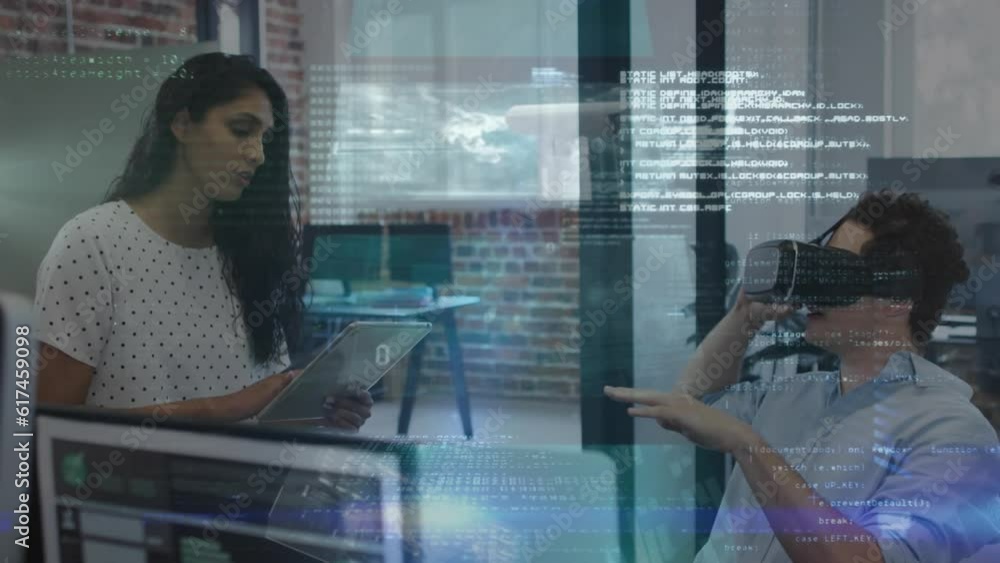 Poster animation of binary codes, multiple interface, diverse coworkers using vr headset and cellphone