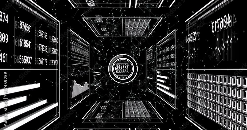 Poster animation of changing numbers, loading bars, circles, graph over connected dots on black background