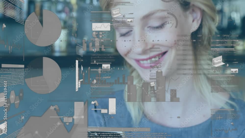 Aufkleber animation of multiple graphs and trading board over smiling caucasian woman using cellphone
