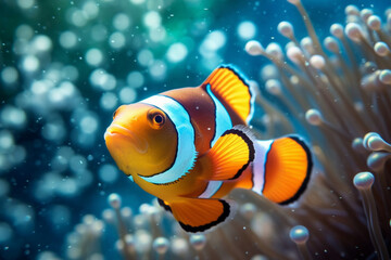 Clown anemonefish swimming in the sea. 3d rendering