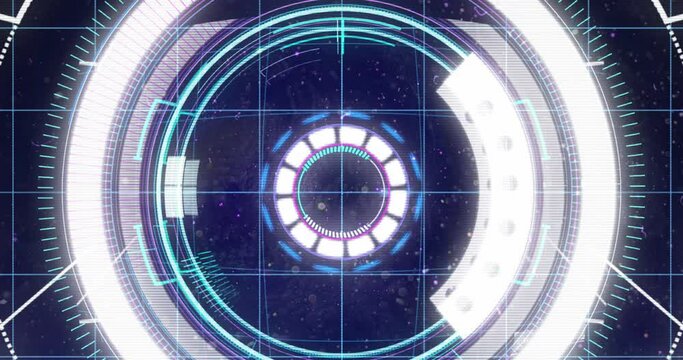 Animation of grid pattern over circles and arc reactor against abstract background