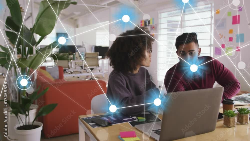 Poster animation of network of connections with data processing over diverse business people in office