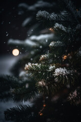 Fir tree branch covered in snow. festive and winter background with copy space. Generative AI