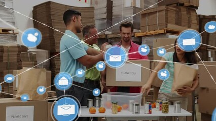 Animation of network of connections over diverse volunteers in warehouse - Powered by Adobe