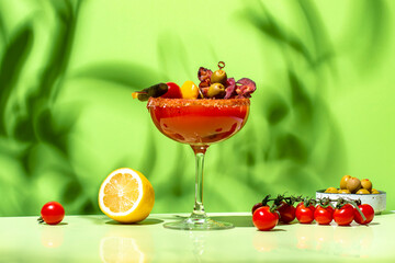 Bbq bloody mary with smoked bacon - alcoholic cocktail drink with tomato juice, vodka, celery, hot sauce, pickles and ice,in glass garnished with salt and red pepper. Green background, hard light