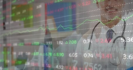 Animation of stock market data processing over caucasian senior male doctor smiling at hospital - Powered by Adobe