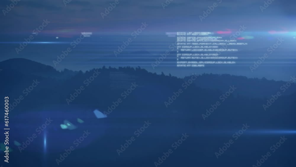Poster animation of data processing and light trails against landscape with mountains