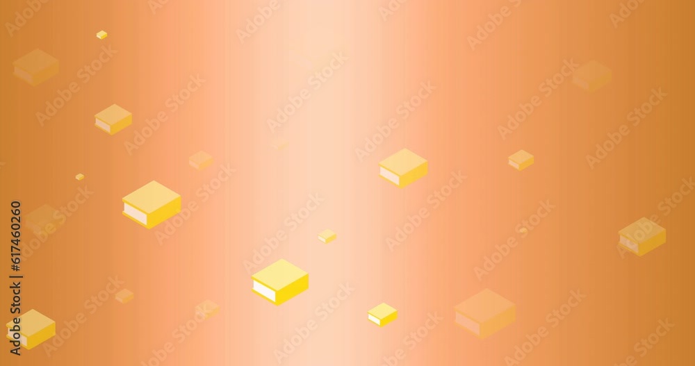 Poster animation of multiple yellow book icons against copy space on orange gradient background