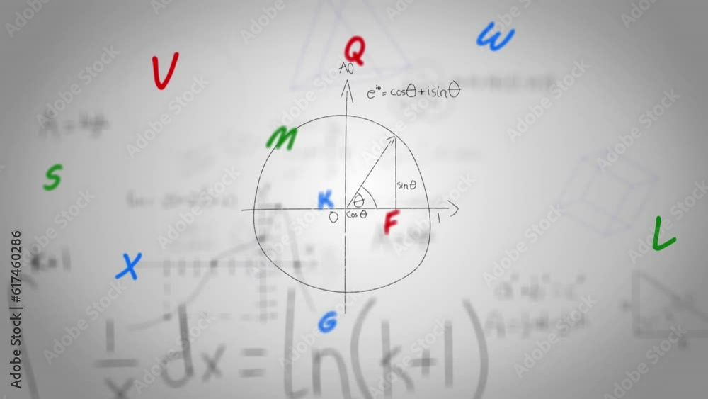 Aufkleber animation of alphabets floating over mathematical equations against grey background