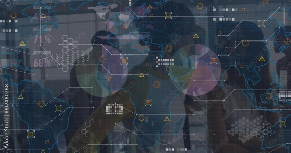 Poster animation of data processing and world map over two diverse woman smiling and discussing at office