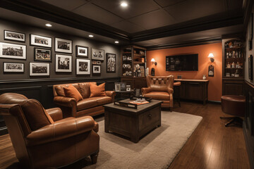 A basement transformation into a modern man cave with leather seating a large screen TV and sports memorabilia.