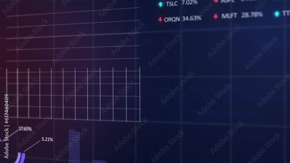 Poster animation of statistical and stock market data processing against purple background