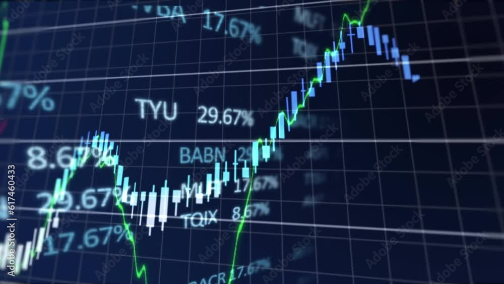 Poster animation of financial and stock market data processing over grid network against blue background