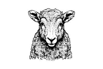 Cute sheep or lamb head engraving style vector illustration.  Realistic image.