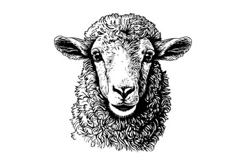 Cute sheep or lamb head engraving style vector illustration.  Realistic image.