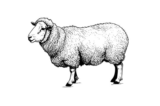 Cute sheep or lamb engraving style vector illustration.  Realistic image