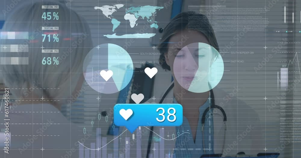 Poster Animation of social media icons over caucasian female doctor talking to female patient at hospital