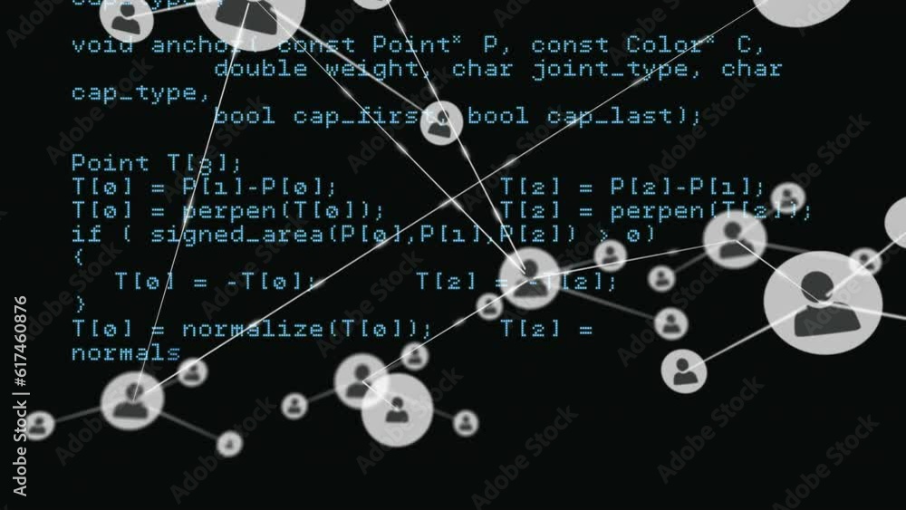 Poster animation of connected icons over looping computer language against black background