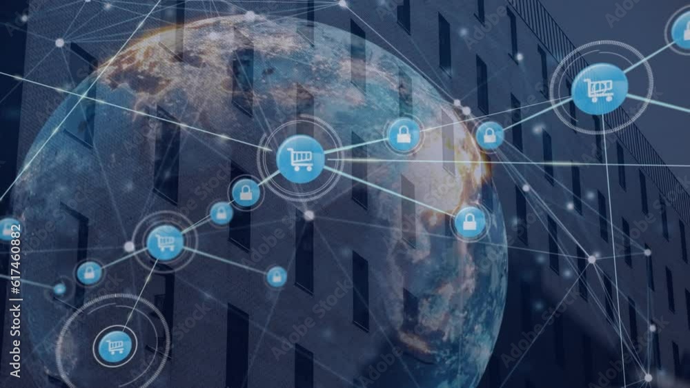 Poster animation of connected icons and dots around globe against building in background
