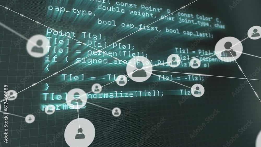 Poster animation of connected icons over lopping illuminated computer language against grid pattern