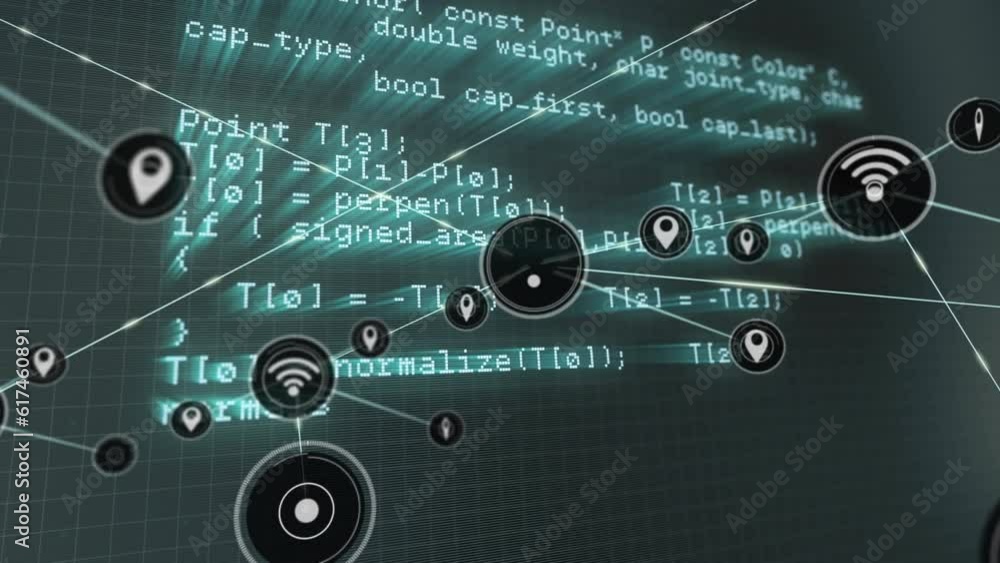 Poster animation of connected icons over looping computer language against gray background