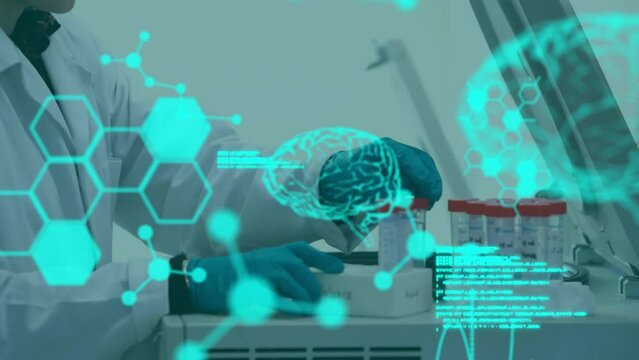 Animation of medical data processing over female scientist putting test tubes in centrifuge machine