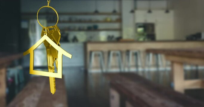Animation of hanging golden house keys against interior of a bar