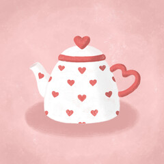 tea pot, cute illustration, digital postcard, tea time, cute tea pot, pot with hearts, pink illustration