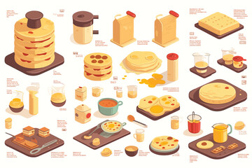Isometric Flat, Food and drink icons set Vector Conceptual Illustration of Pancakes.