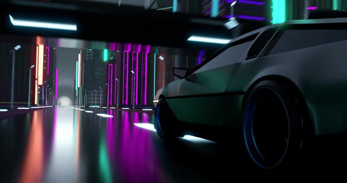 Animation of car driving in neon lit city at night background