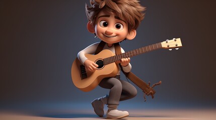 3D character of a little boy playing guitar, generated by AI