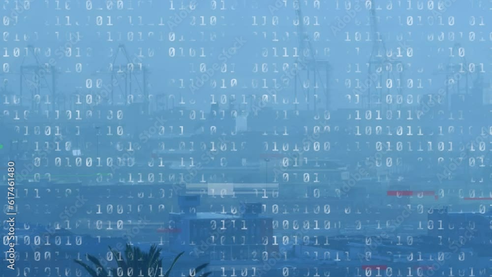 Poster animation of glitched looping binary codes over fog covered under construction modern buildings