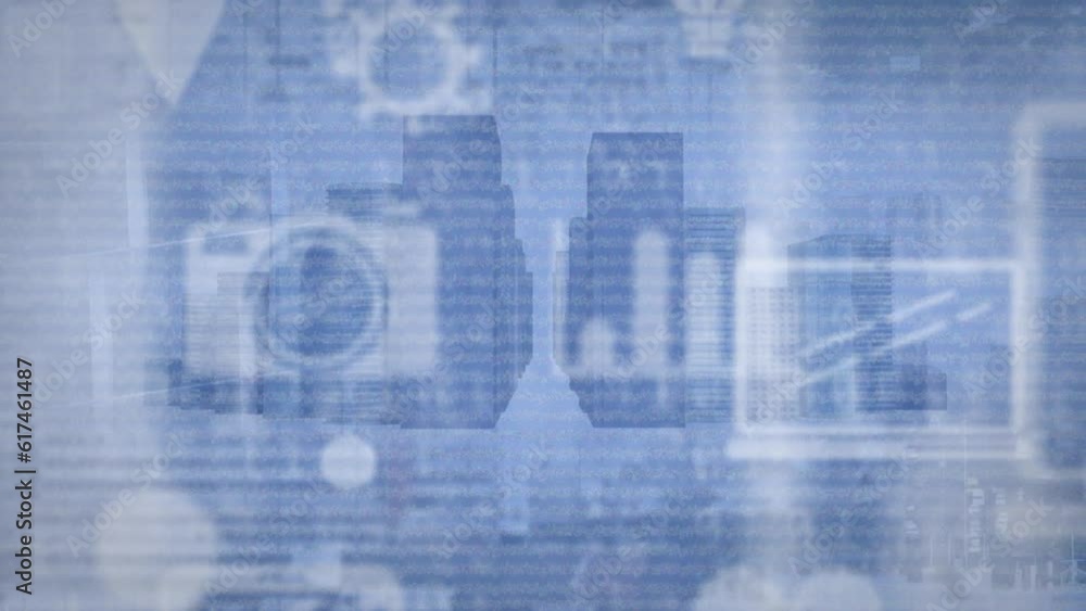 Poster animation of multiple computer icons, 3d model of buildings against moving vehicles in background